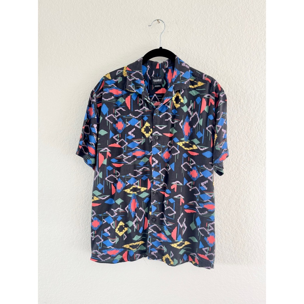 Pull&Bear Button‎ Down Shirt Mens S Black Multicolor Good Geometric Streetwear